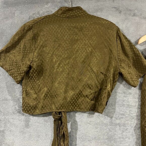 Free People Morning Dove 2pc Set Green Satin Wrap Tie Top Wide Leg Crop Pant Sm - Picture 8 of 13